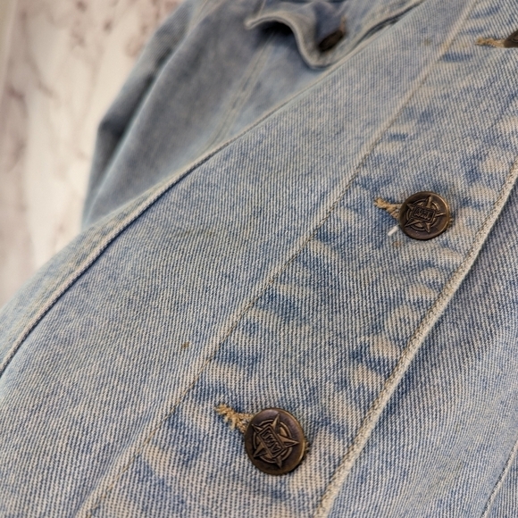Vintage Denim Jacket Women Large Jean 80s 90s Y2K Linen Collar Light Wash Crop - Picture 9 of 14